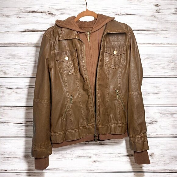 Coalition LA Camel Bomber Jacket Hoodie Double Zip Vegan Leather Sz Large NWT - Picture 2 of 12